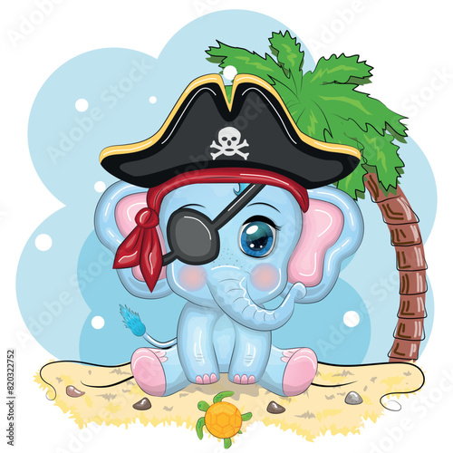 Cute cartoon elephant, child character with beautiful eyes, wearing flippers and mask, on the beach and on vacation