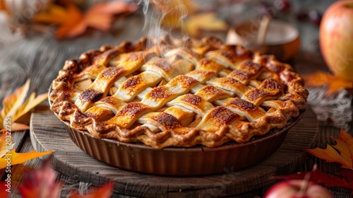 Freshly baked apple pie with golden lattice crust on rustic wooden table, autumn vibes photo