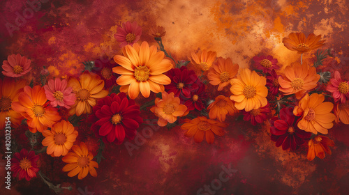 Illustration of beautiful flowers of a warm spectrum of colors on an artistically stylized grunge background