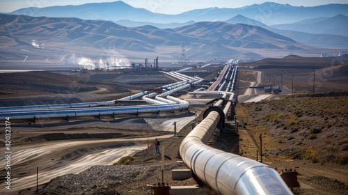 Outdoor view of gas pipeline industrial line connecting fuel factory photo