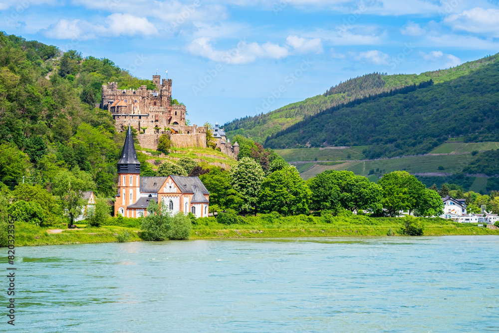 Reichenstein castle in Trechtingshausen on Rhine River bank in Rhineland-Palatinate, Germany. Rhine valley is famous tourist destination for romantic river cruise and short vacation