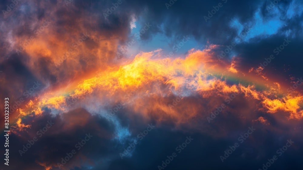 A celestial rainbow seemingly made of fire soaring high above in the midst of a fluffy cloud layer. A celestial rainbow seemingly made of fire soaring high above in the midst of a fluffy cloud layer.