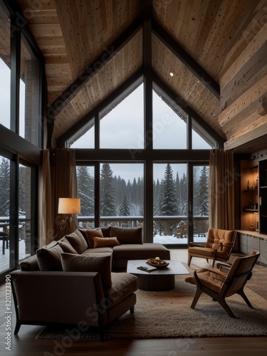 A double-height ceiling living room with a large, floor-to-ceiling window on one side log cabin. © De Lune Studio