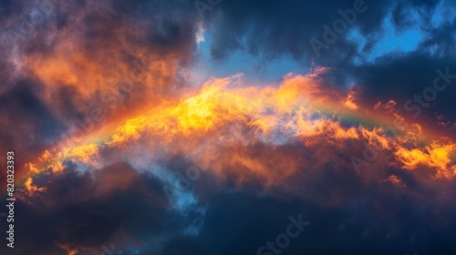 A celestial rainbow seemingly made of fire soaring high above in the midst of a fluffy cloud layer.