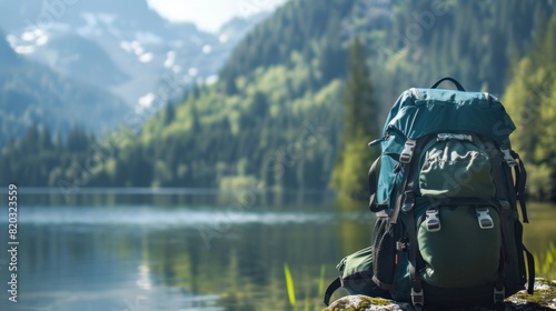Adventure backpacker, backpack on the lake ad mountain background nature scenic photo