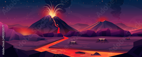 Volcano eruption with flowing magma river, nature disaster, apocalypse landscape. Volcanic scene with dangerous lava explosion from mountain volcano, night sky with stars cartoon vector illustration photo