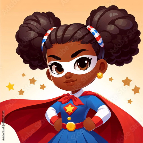 Closeup of cute black girl superhero cartoon character in curly hair wearing superhero dress and ready for task. photo