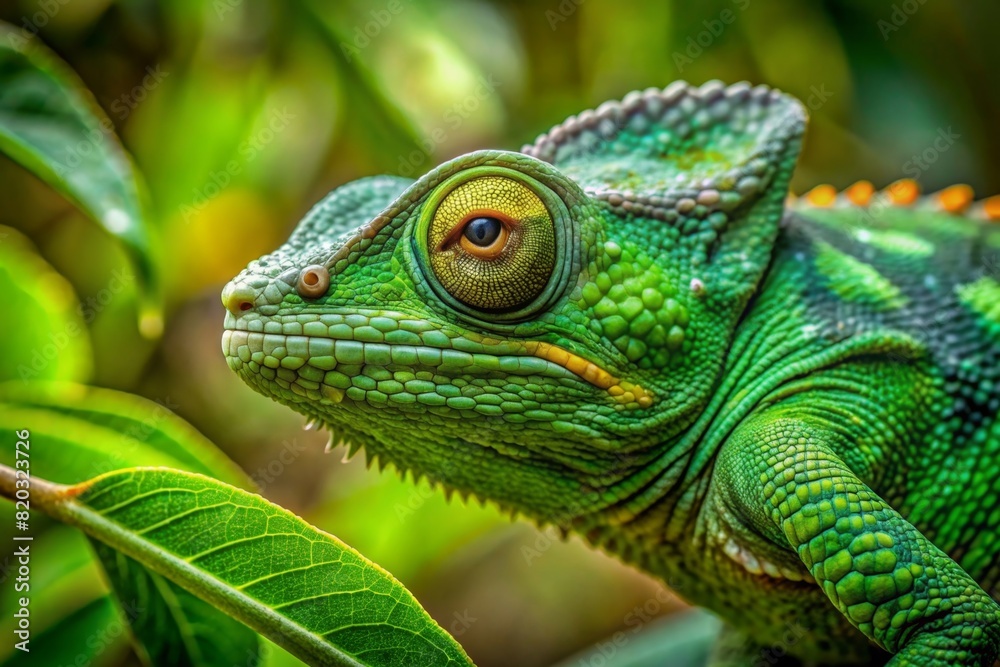 A close-up view reveals a green-colored chameleon in its natural habitat, blending seamlessly with the lush surroundings and showcasing its remarkable camouflage abilities A close-up view reveals a green-colored chameleon in its natural habitat, blending seamlessly with the lush surroundings and showcasing its remarkable camouflage abilities