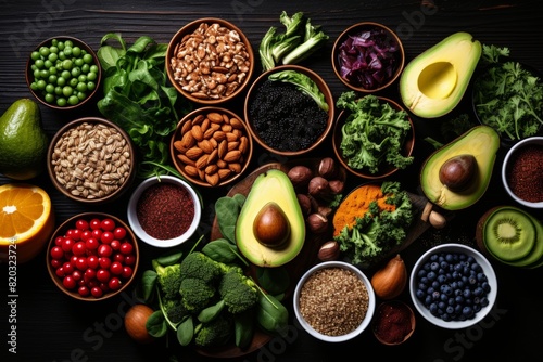 Fresh organic vegetables, colorful peppers, crisp cucumbers, and leafy greens, with ripe fruits, nuts, whole grains on dark wooden background, inspiring balanced diet and healthy eating lifestyle. photo
