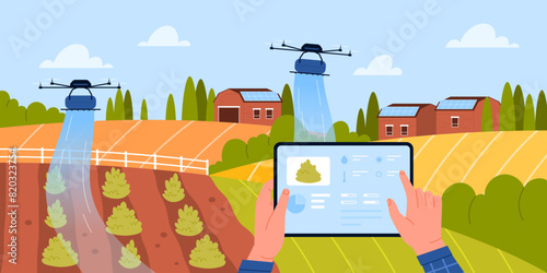 Smart farming management, digital cultivation on agriculture plantation with innovation agritech equipment. Hands of farmer control drone working field, monitoring settings cartoon vector illustration