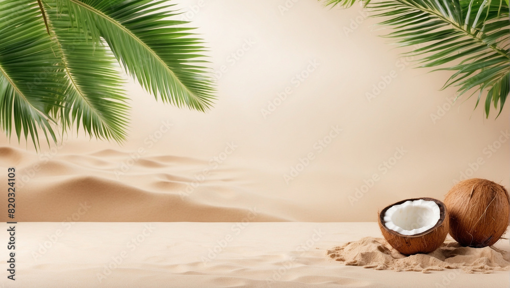 Fototapeta premium Empty sand beach for product display with coconut leaves, backdrop with copy space