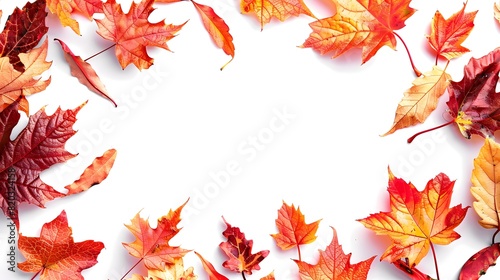 An abstract autumn background with copy space A frame of vibrant fall leaves on white  