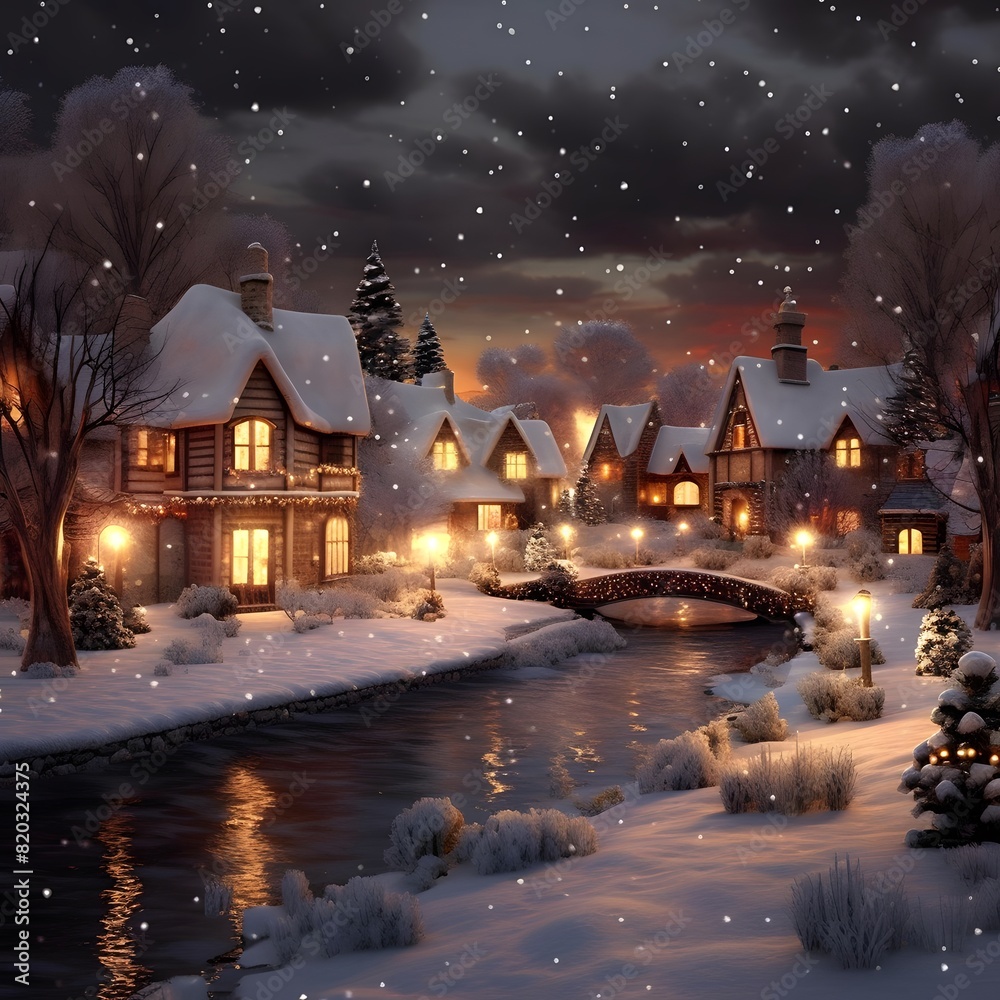 Winter village at night. Winter landscape with houses and bridge. 3d illustration