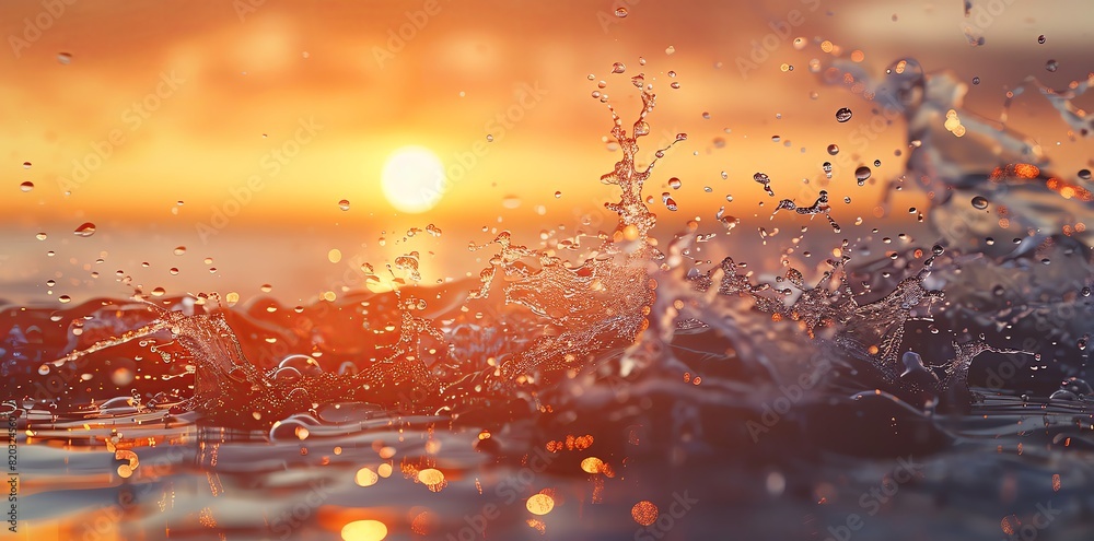 Obraz premium Water splashes in the air against the background of sunset, a beautiful natural landscape. Many water drops and splashes are shown close up. Realistic illustration in the style of High resolution phot