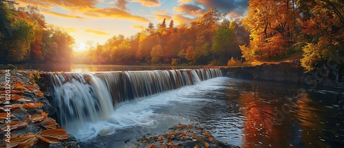 Waterfall and dam in autumn landscape at sunset. Beautiful nature background with colorful trees, sky clouds and river water flow over the weir on wide angle lens. photo