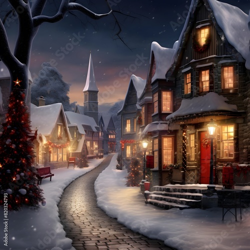 Winter night in the village. Christmas and New Year concept. Digital painting.