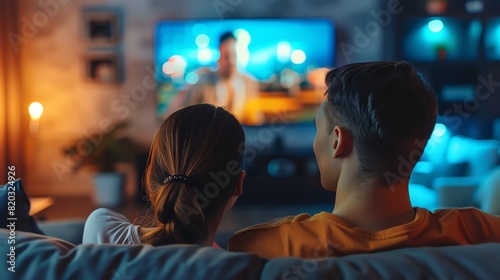 A young couple is sitting on the couch and watching TV. They are both wearing casual clothes and are relaxed. photo