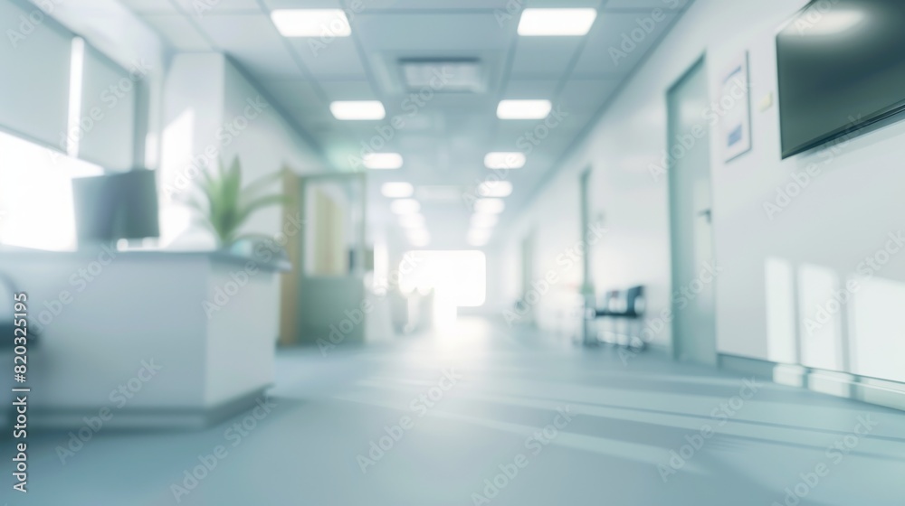 The deliberately blurred image shows the inside of a hospital office. with various departments of the hospital can be seen in the background as a blur The deliberately blurred image shows the inside of a hospital office. with various departments of the hospital can be seen in the background as a blur