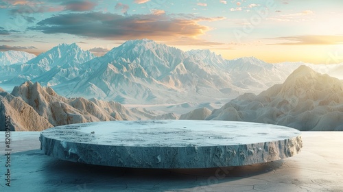 An empty podium with natural materials on a desert backdrop, and a reflective concrete surface.