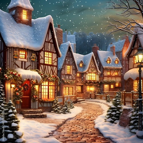 Winter night in the village. Christmas and New Year holiday background.