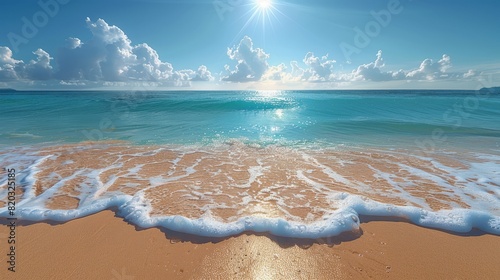 Stunning beach with crystal clear water, white sand, and a perfect sunny day