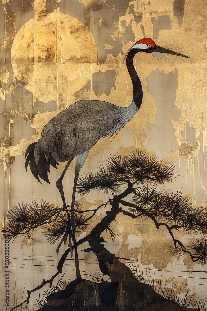 Fototapeta premium 金色の屏風風背景に松の木と優雅な鶴