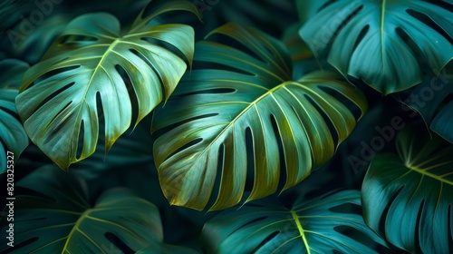 As background for a banner, a striped green palm leaf, textured leaves, summer tropical plant in green monochrome. Landscape of foliage in nature with soft focus. photo
