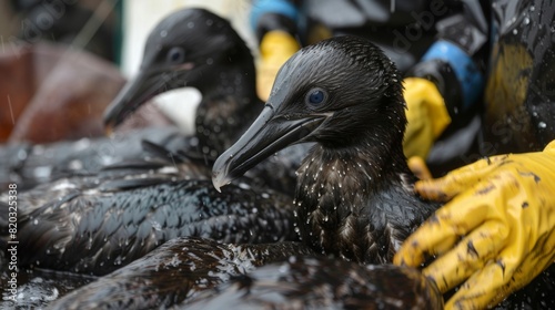 Blackened seabirds and marine life being gently cleaned and rehabilitated by trained volunteers. photo