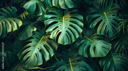 As a natural Banner Background, a green palm leaf is striped, textured, in soft focus. It has a biophilic aesthetic, it has a textured, biophilic, aesthetic botanical texture. photo