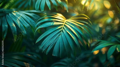 A macro image of a green palm leaf against a background of textured tropical leaves in summer. Green monochrome aesthetic botanical texture with wild nature foliage scenery, selective focus and photo