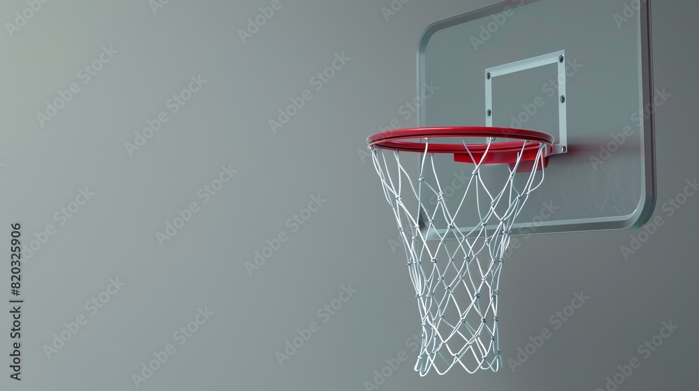 A basketball hoop is mounted on a backboard. The hoop is made of metal and has a red rim. The backboard is made of glass.