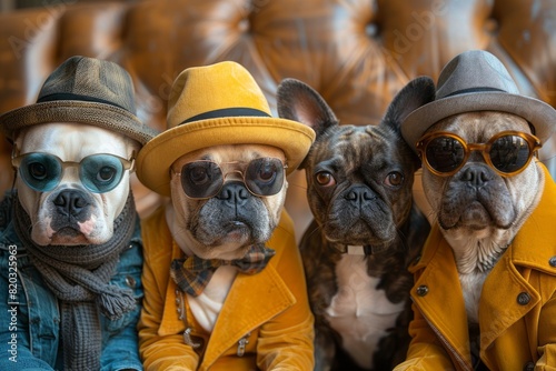 Dogs in Fashionable HatsAdorable dogs wearing stylish hats and sunglasses, posing against a yellow background.