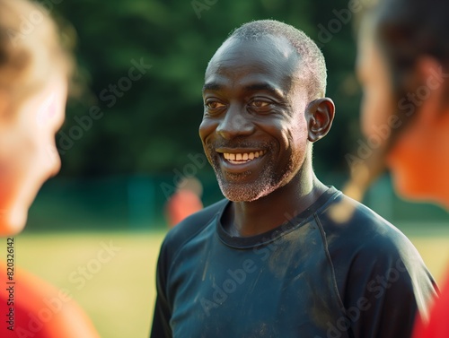 A man with a beard and a smile is standing in front of two other people. He is wearing a black shirt and he is happy