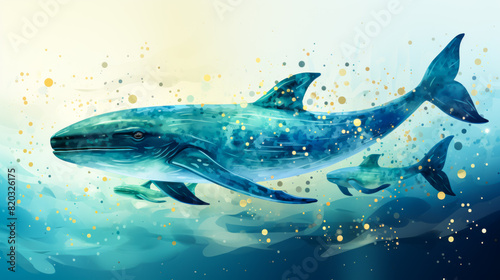 Wallpaper Mural In the vast ocean, a magnificent whale along with two playful dolphins gracefully swim, surrounded by the fluid blue expanse. The marine creatures move with elegance and beauty Torontodigital.ca