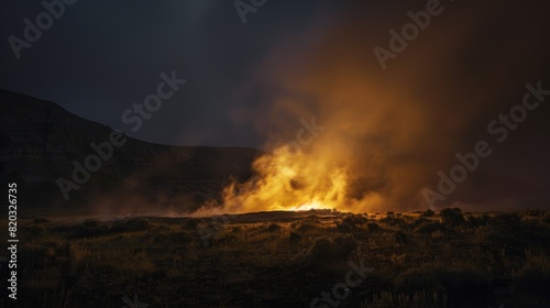 The eerie glow of a fumarole illuminated by the setting sun creating a contrast against the dark landscape. photo