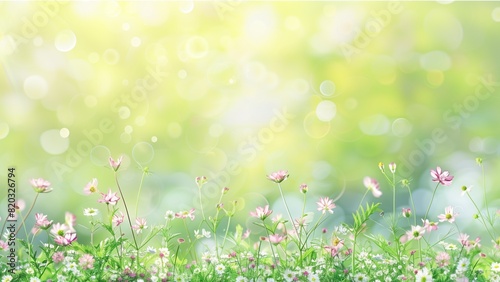 Beautiful spring meadow with wild flowers and bokeh background banner, green nature background for design, banner with copy space