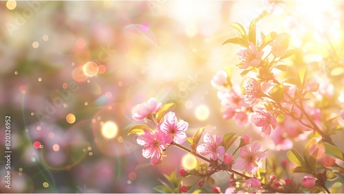 Beautiful spring background with a blooming tree branch and bokeh light effect  pastel colors  banner design  soft focus. A springtime nature scene with sunlight and sun rays. Romantic pink flowers