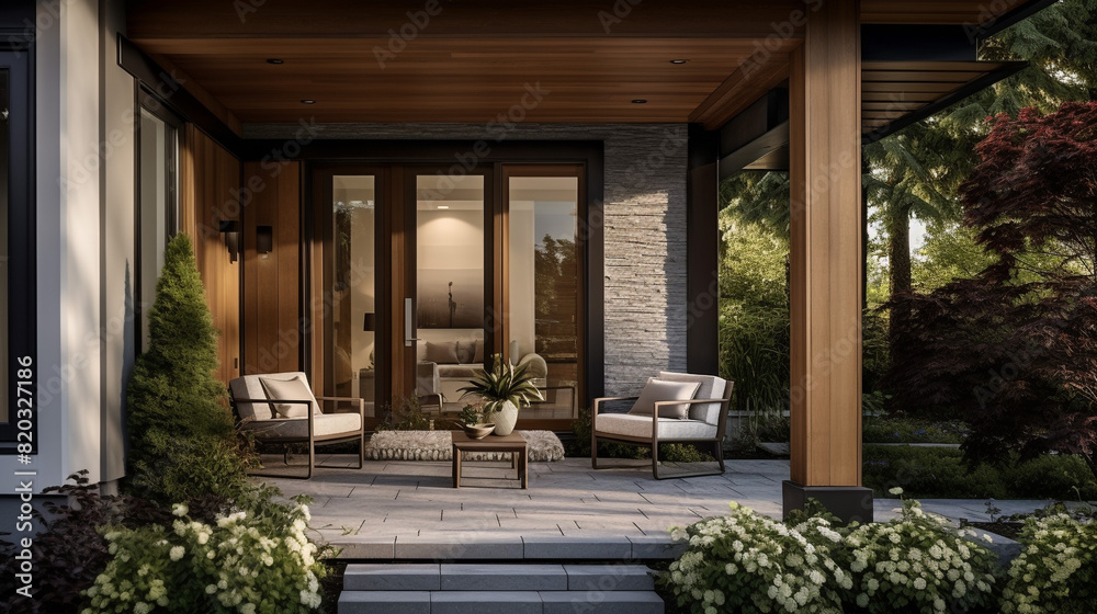 Inviting Tranquility: The Modern Marvel of Contemporary Styling Unveiled Through the Captivating Entry Porch of Architectural Elegance and Timeless Sophistication