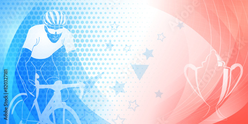 Cycling themed background in the colors of the national flag of France, with sport symbols such as an athlete cyclist and a cup, as well as abstract curves and dots