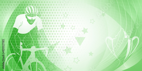 Cycling themed background in green colors with sport symbols such as an athlete cyclist and a cup, as well as abstract curves and dots
