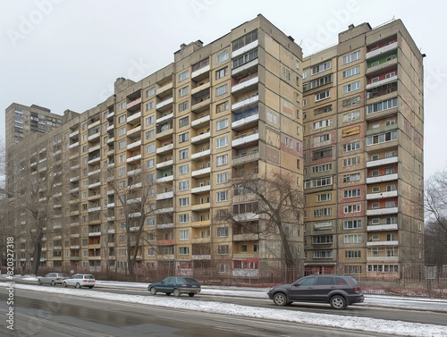 A large brown building with many windows and a car parked in front of it. The building is tall and has a lot of windows, giving it a very open and airy feel