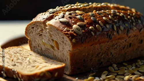Multigrain Bread Loaf on Ceramic Plate.,Sliced multigrain bread with a variety of seeds and grains photo