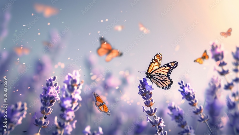 Fototapeta premium a butterfly on lavender flowers with other butterflies flying around, on the right side of the photo is a clear blue sky. In front there are more purple and white lavender plants. 