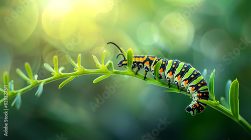 The vibrant caterpillar crawling on the green stem against a blurred natural background evokes a sense of wonder and curiosity photo