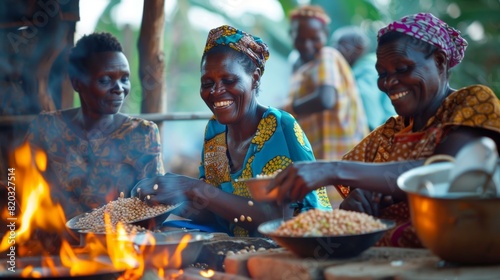 A group of women gather together chatting and laughing as they shell beans and prepare meals over a woodburning stove.