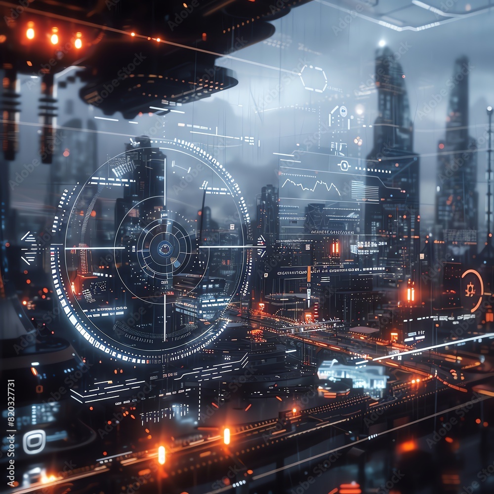 Futuristic cityscape with high-tech digital interface overlays ...