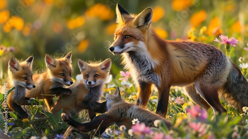   A family of red foxes playing in a meadow filled with wildflowers  the kits tumbling over each other while the adult fox watches protectively  the scene bathed in the golden light of dawn 