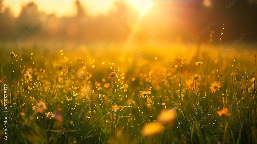 Sunrise over the meadow, vibrant and beautiful, golden sunlight casting long shadows across lush green grass with mist rising from dew-kissed flowers