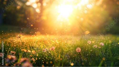 Sunrise over the meadow  vibrant and beautiful  golden sunlight casting long shadows across lush green grass with mist rising from dew-kissed flowers