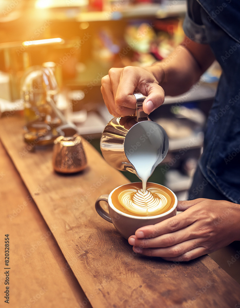 Latte Artistry in Action. A barista’s precision and skill create a stunning latte art design. Generative Ai. Latte Artistry in Action. A barista’s precision and skill create a stunning latte art design. Generative Ai.
